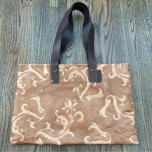 Vintage Falor La Borse Tan Leather Embossed Floral Zip Top Tote bag - Picture 1 of 6